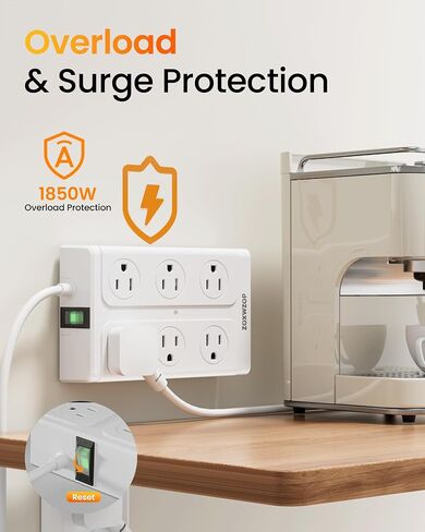 Surge Protector Power Strip - 12 Outlets(1850W/15A) 6 USB Ports（2 USB C, 6FT Flat Plug Extension Cord, Wall Mount Multi Plug Outlet Extender, ETL Listed for Home, Dorm Room in Saudi Arabia