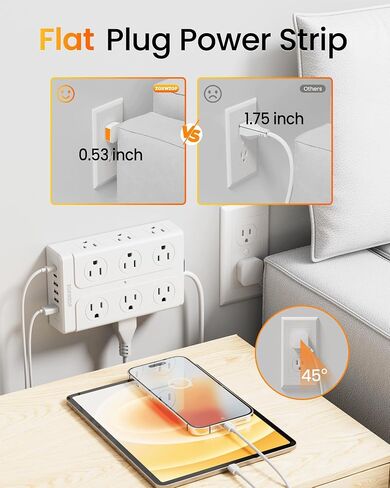 Surge Protector Power Strip - 12 Outlets(1850W/15A) 6 USB Ports（2 USB C, 6FT Flat Plug Extension Cord, Wall Mount Multi Plug Outlet Extender, ETL Listed for Home, Dorm Room in Saudi Arabia