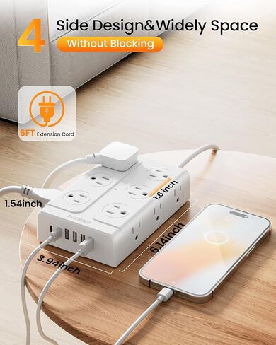Surge Protector Power Strip - 12 Outlets(1850W/15A) 6 USB Ports（2 USB C, 6FT Flat Plug Extension Cord, Wall Mount Multi Plug Outlet Extender, ETL Listed for Home, Dorm Room in Saudi Arabia