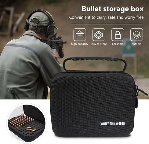 108 Round 9MM Ammo Case, Ammo Storage Box Compatible with 9mm Luger, 9mm Parabllum, 9mm Makarov, .380 ACP, .32 ACP, .45 ACP, 30 Luger, 32 S&W, 40 S&W, Bullets Organize Case for 9mm (Black) in Saudi Arabia