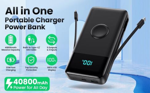 Portable Charger 40800mAh for iPhone with Built-in Cable and iWatch Charger, 25W PD Fast Charging USB C Power Bank,Travel Camping Essentials Battery Pack for iPhone 17/16/15/14/13,Android,Apple Watch in Saudi Arabia