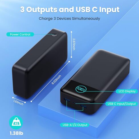 شاحن محمول بقوة 50800 مللي أمبير في الساعة، بطارية خارجية بقدرة 25 وات PD QC 4.0 USB C للشحن السريع، شاحن الهاتف المحمول المحمول الأساسي للسفر في الهواء الطلق متوافق مع iPhone 17/16/15/14/13، سامسونج، أندرويد in Kuwait