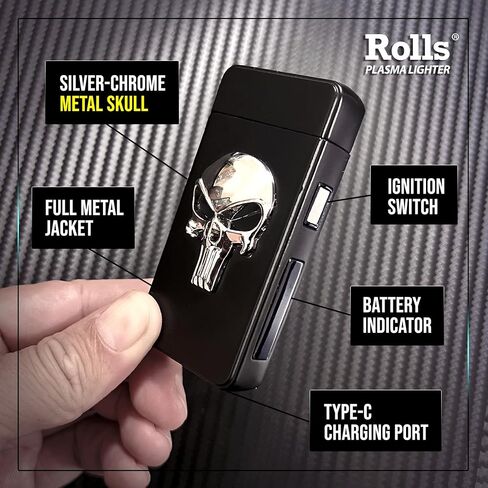Rolls Electric Lighter - Gifts for Men - Cool Lighters - Electric Lighters Rechargeable - Mens Gifts - Skull Lighter - Birthday Gifts for Men - Stocking Stuffers - (Black Skull) in Saudi Arabia