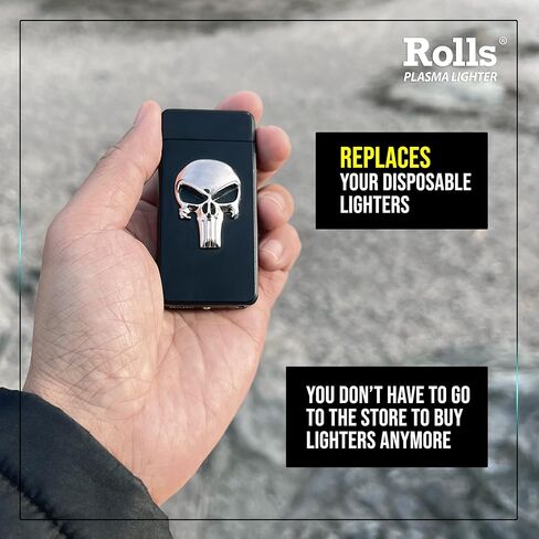 Rolls Electric Lighter - Gifts for Men - Cool Lighters - Electric Lighters Rechargeable - Mens Gifts - Skull Lighter - Birthday Gifts for Men - Stocking Stuffers - (Black Skull) in Saudi Arabia
