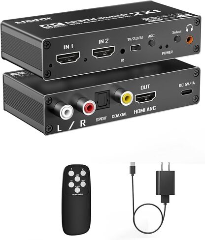 HDMI Switch eARC Audio Extractor، 4K@60hz HDMI Audio Splitter مع جهاز تحكم عن بعد، يدعم 7.1 قناة صوتية/بصرية Toslink SPDIF/محول محوري HDR (أسود) in Kuwait