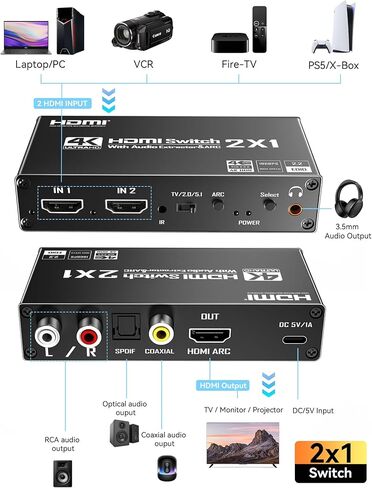 HDMI Switch eARC Audio Extractor، 4K@60hz HDMI Audio Splitter مع جهاز تحكم عن بعد، يدعم 7.1 قناة صوتية/بصرية Toslink SPDIF/محول محوري HDR (أسود) in Kuwait