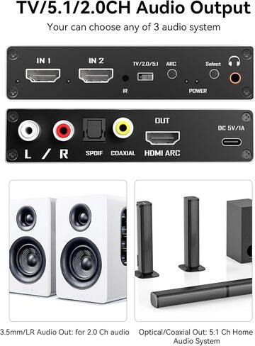 HDMI Switch eARC Audio Extractor، 4K@60hz HDMI Audio Splitter مع جهاز تحكم عن بعد، يدعم 7.1 قناة صوتية/بصرية Toslink SPDIF/محول محوري HDR (أسود) in Kuwait