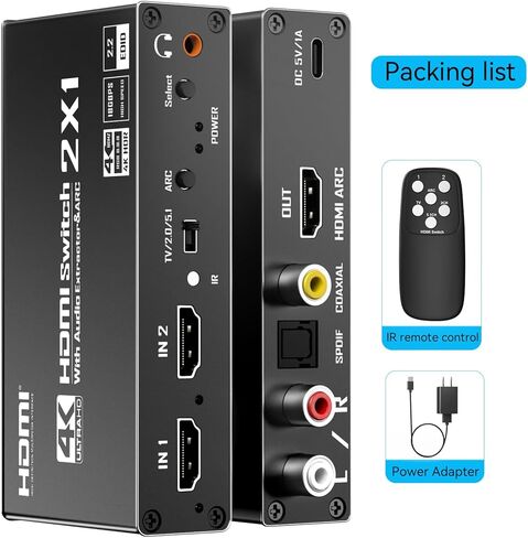 HDMI Switch eARC Audio Extractor، 4K@60hz HDMI Audio Splitter مع جهاز تحكم عن بعد، يدعم 7.1 قناة صوتية/بصرية Toslink SPDIF/محول محوري HDR (أسود) in Kuwait
