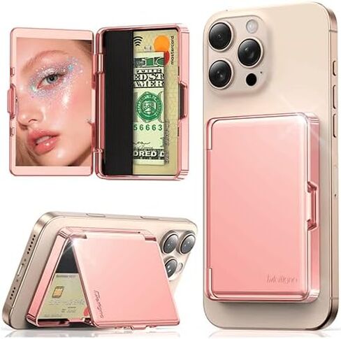 Meifigno Strong Magnetic Phone Wallet with Mirror & Kickstand, Magnetic Phone Card Holder (3-4 Cards & Cash) Compatible with iPhone 17/16/15/14/13/12 Series, Metal Plating Glossy, Desert Titanium in Saudi Arabia