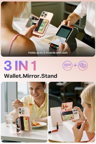 Meifigno Strong Magnetic Phone Wallet with Mirror & Kickstand, Magnetic Phone Card Holder (3-4 Cards & Cash) Compatible with iPhone 17/16/15/14/13/12 Series, Metal Plating Glossy, Desert Titanium in Saudi Arabia