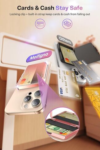 Meifigno Strong Magnetic Phone Wallet with Mirror & Kickstand, Magnetic Phone Card Holder (3-4 Cards & Cash) Compatible with iPhone 17/16/15/14/13/12 Series, Metal Plating Glossy, Desert Titanium in Saudi Arabia