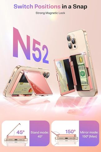 Meifigno Strong Magnetic Phone Wallet with Mirror & Kickstand, Magnetic Phone Card Holder (3-4 Cards & Cash) Compatible with iPhone 17/16/15/14/13/12 Series, Metal Plating Glossy, Desert Titanium in Saudi Arabia