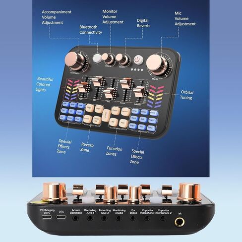 Asixxsix Live Sound Card, 3.5mm Mic Input Interface BT Audio Mixer with 4 Volume Knobs 5 Slider Knobs Breathing Lights, Podcast Mixer for Phone PC Live Streaming in Saudi Arabia