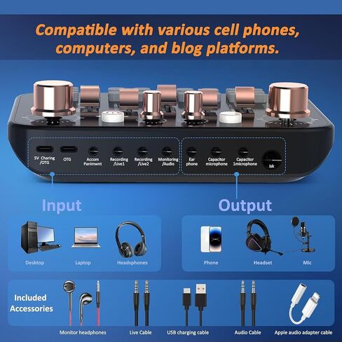 Asixxsix Live Sound Card, 3.5mm Mic Input Interface BT Audio Mixer with 4 Volume Knobs 5 Slider Knobs Breathing Lights, Podcast Mixer for Phone PC Live Streaming in Saudi Arabia