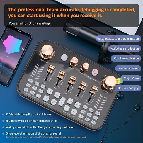 Asixxsix Live Sound Card, 3.5mm Mic Input Interface BT Audio Mixer with 4 Volume Knobs 5 Slider Knobs Breathing Lights, Podcast Mixer for Phone PC Live Streaming in Saudi Arabia