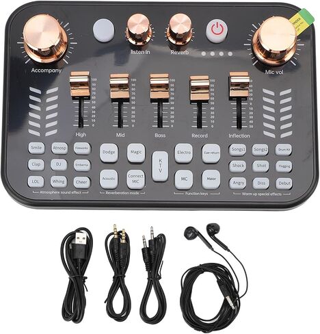 Asixxsix Live Sound Card, 3.5mm Mic Input Interface BT Audio Mixer with 4 Volume Knobs 5 Slider Knobs Breathing Lights, Podcast Mixer for Phone PC Live Streaming in Saudi Arabia