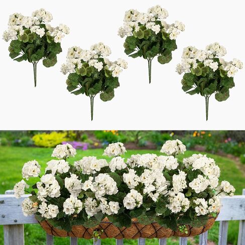 4PCS Home Decor Fake Plants Artificial Flowers Artificial Geraniums Outdoor Fake Flowers Artificial Flowers Fake Silk Bouquet, Fall Decor for Interior Porch Garden Decoration 14.4" (White) in Saudi Arabia