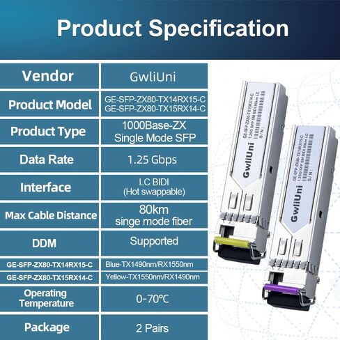 2 أزواج 80 كجم SFP 1.25G BIDI جهاز إرسال واستقبال شبكة الألياف أحادي الوضع، واجهة LC لـ Cisco، Netgear، MikroTik، Ubiquity، DLink إلخ، in Kuwait
