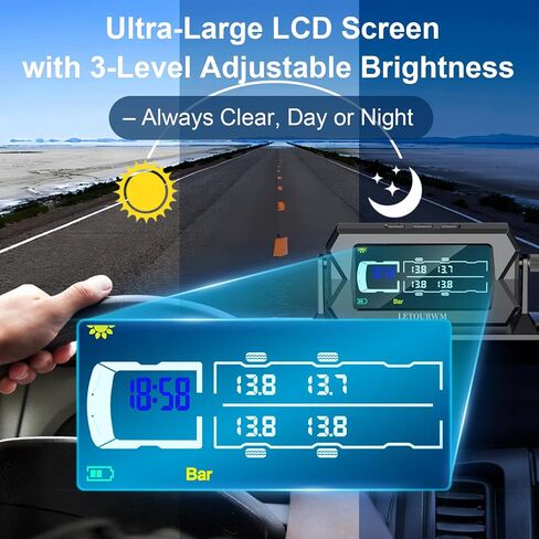 نظام مراقبة ضغط الإطارات RV 6 مستشعرات TPMs ، رقاقة 3-في 1 ، 9.9 بار 144 PSI ، نطاق 100 قدم ، LCD مشرق من 3 مستويات مع عرض الوقت ، شحن Type-C & Solar ، 7 تنبيهات لمقطورة شاحنة RV in Saudi Arabia