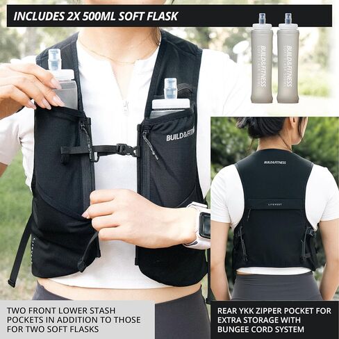 Build & Fitness LITEVEST Running Vest with 2X 500ml Soft Flasks – 7 Pockets, Lightweight, Breathable Hydration Vest – Premium, Secure, Comfort & Style for Training, Trails, Marathons & Everyday Runs in Kuwait