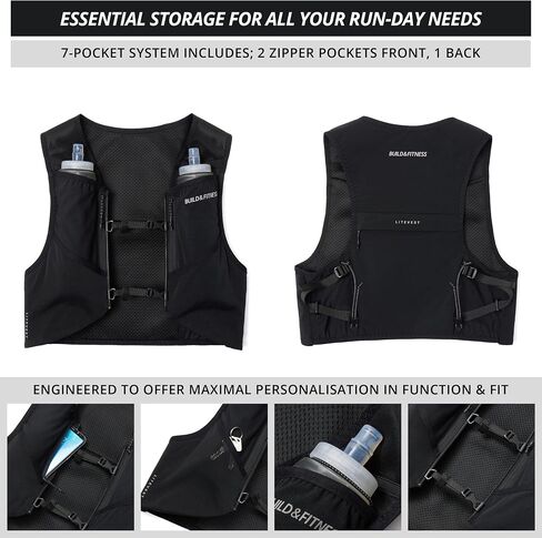 Build & Fitness LITEVEST Running Vest with 2X 500ml Soft Flasks – 7 Pockets, Lightweight, Breathable Hydration Vest – Premium, Secure, Comfort & Style for Training, Trails, Marathons & Everyday Runs in Kuwait