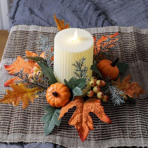 Set of 4 Fall Pumpkin and Pip Berry Candle Rings Wreaths 3 Inch Center Autumn Maple Leaves Small Wreaths for Pillar Candles Harvest Tabletop Decor (Orange) in Saudi Arabia