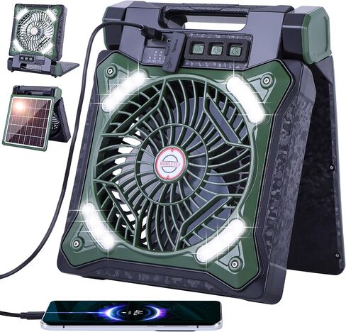 Solar Fan Battery Powered Rechargeable Solar Camping Fan with Led Lantern & Power Bank Foldable Angle USB Personal Fans for Travel Outdoor Camping Tents X98 Green in Kuwait