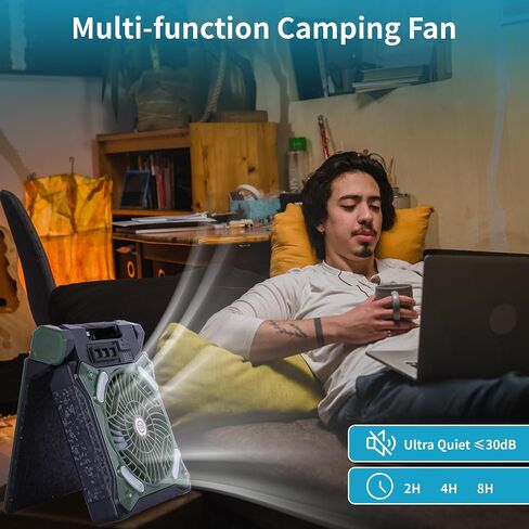 Solar Fan Battery Powered Rechargeable Solar Camping Fan with Led Lantern & Power Bank Foldable Angle USB Personal Fans for Travel Outdoor Camping Tents X98 Green in Kuwait