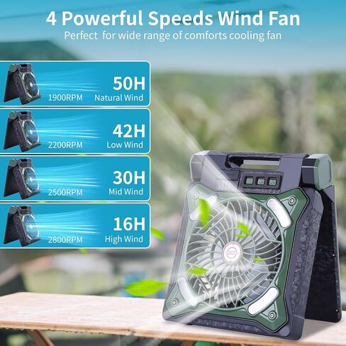 Solar Fan Battery Powered Rechargeable Solar Camping Fan with Led Lantern & Power Bank Foldable Angle USB Personal Fans for Travel Outdoor Camping Tents X98 Green in Kuwait