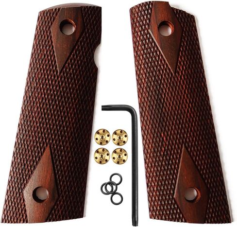 مقابض خشبية رائعة من عام 1911 بالحجم الكامل، قطع Magwell مع شعار الولايات المتحدة الوطني، تتضمن براغي نحاسية، قطع أمان Ambi in Kuwait