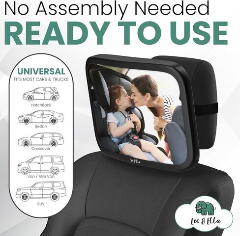 Leo and Ella Patent-Pending Rear-facing Baby Car Mirror for Fixed Headrest, Tesla Compatible, Shatterproof Mirror with Elastic Band Mount Crystal Clear View of Newborn in Kuwait
