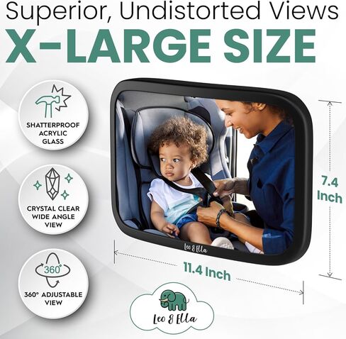 Leo and Ella Patent-Pending Rear-facing Baby Car Mirror for Fixed Headrest, Tesla Compatible, Shatterproof Mirror with Elastic Band Mount Crystal Clear View of Newborn in Kuwait