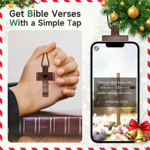 Wooden Cross Necklace, Cross Pendant for Stress Relief, Touch to Read Bible Verses via Phone, Adjustable Walnut Necklace for Baptism, Confirmation, Easter, Christmas in Saudi Arabia