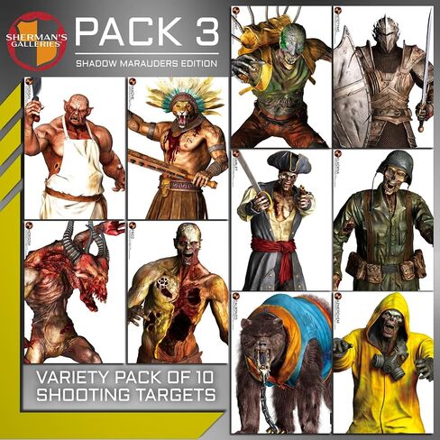 SHERMAN'S GALLERIES Pack 3: Shadow Marauders Edition - 20"×28" - 10 Paper Shooting Targets, Assorted Characters - USA Brand, Made in Japan in Saudi Arabia