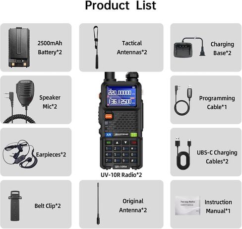 BAOFENG UV-10R MAX Ham Radio Handheld 10W Long Range Tactical NOAA Weather 999CH Rechargeable Walkie Talkies for Adults,Survival Gear, with 2500mAh Battery,Type-C Charging,2 Pack in Saudi Arabia