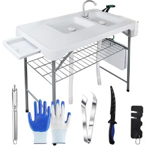 Fish Cleaning Table with 2 Sinks & Grid Rack - 42.5" Outdoor Fish Fillet Cleaning Station for Camping, Patio, Kitchen, RV & Beach in Saudi Arabia