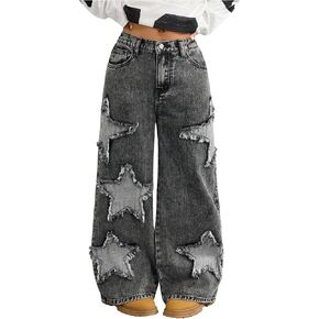 Girl's Heart Patched Baggy Jeans Y2k Bow High Waisted Straight Leg Denim Pants Streetwear in Saudi Arabia
