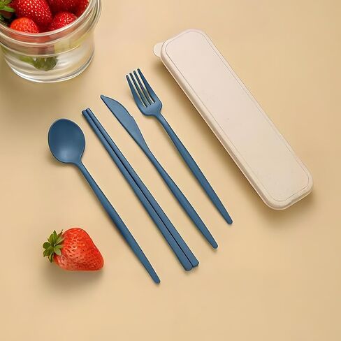 4PCS Set of Reusable Wheat Straw Travel Utensils with Case - Perfect Lunch Box Accessories, Ideal for Camping & Daily Outdoor Use(Blue) in Saudi Arabia