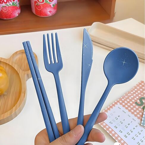 4PCS Set of Reusable Wheat Straw Travel Utensils with Case - Perfect Lunch Box Accessories, Ideal for Camping & Daily Outdoor Use(Blue) in Saudi Arabia