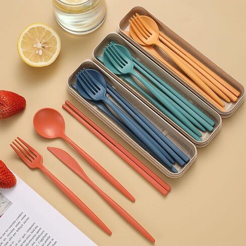 4PCS Set of Reusable Wheat Straw Travel Utensils with Case - Perfect Lunch Box Accessories, Ideal for Camping & Daily Outdoor Use(Blue) in Saudi Arabia