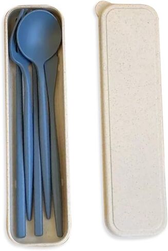 4PCS Set of Reusable Wheat Straw Travel Utensils with Case - Perfect Lunch Box Accessories, Ideal for Camping & Daily Outdoor Use(Blue) in Saudi Arabia