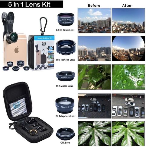 5 in 1 Phone Camera Lens Kit, 2X Optical Zoom Telephoto Lens & 198° Fisheye Lens & 0.63x Wide Angle Lens & 15x Macro Lens & CPL Lens for iPhone, Samsung and More in Saudi Arabia