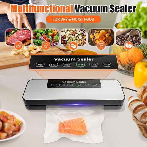 Vacuum Sealer for Food, Automatic Food Vacuum Sealer Machine, Precision Suction Power Compact 6-in-1 Food Sealer, Dry & Moist Modes with 50 Vacuum Bags and Air Suction Hose (Silver) in Saudi Arabia