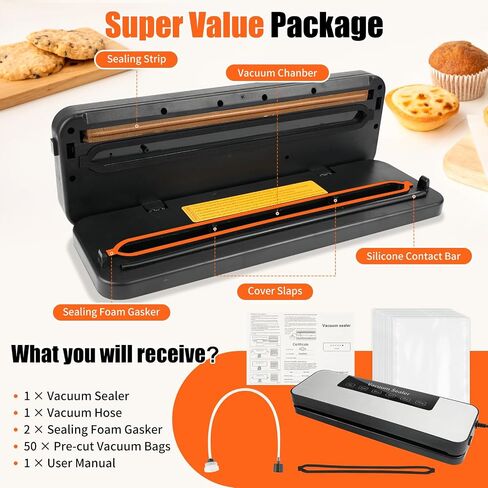 Vacuum Sealer for Food, Automatic Food Vacuum Sealer Machine, Precision Suction Power Compact 6-in-1 Food Sealer, Dry & Moist Modes with 50 Vacuum Bags and Air Suction Hose (Silver) in Saudi Arabia