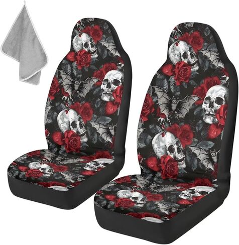 Gothic Skull Car Seat Covers Highback Bucket Seat Cover Universal Front Bucket Seat Cover,2pcs Universal Fit, Halloween Bat Auto Accessories in Saudi Arabia