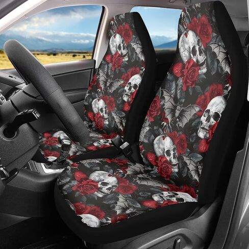 Gothic Skull Car Seat Covers Highback Bucket Seat Cover Universal Front Bucket Seat Cover,2pcs Universal Fit, Halloween Bat Auto Accessories in Saudi Arabia