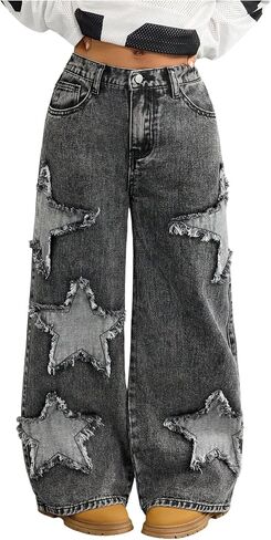 Girl's Heart Patched Baggy Jeans Y2k Bow High Waisted Straight Leg Denim Pants Streetwear in Saudi Arabia