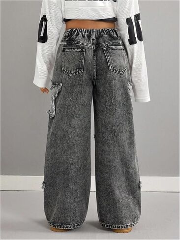 Girl's Heart Patched Baggy Jeans Y2k Bow High Waisted Straight Leg Denim Pants Streetwear in Saudi Arabia