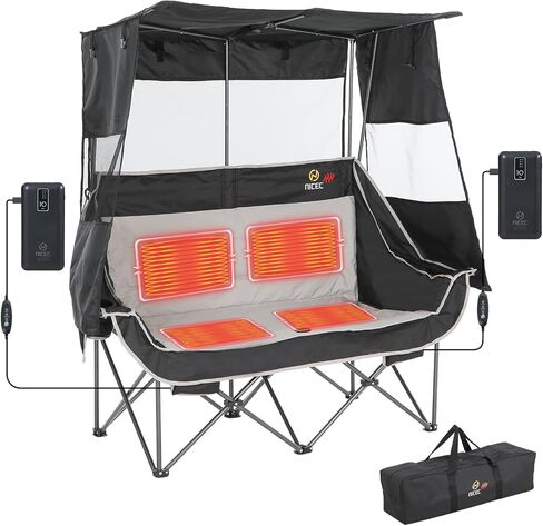 Nice C Heated Double Camping Chair with Canopy, Heated Outdoor Sports Folding Chair with Battery, Portable Padded Umbrella Chairs with Shade, Cup Holder, Cooler Bag, Loveseat for Lawn, Outdoors in Saudi Arabia