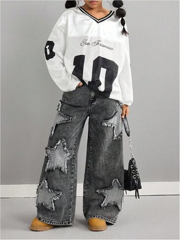 Girl's Heart Patched Baggy Jeans Y2k Bow High Waisted Straight Leg Denim Pants Streetwear in Saudi Arabia